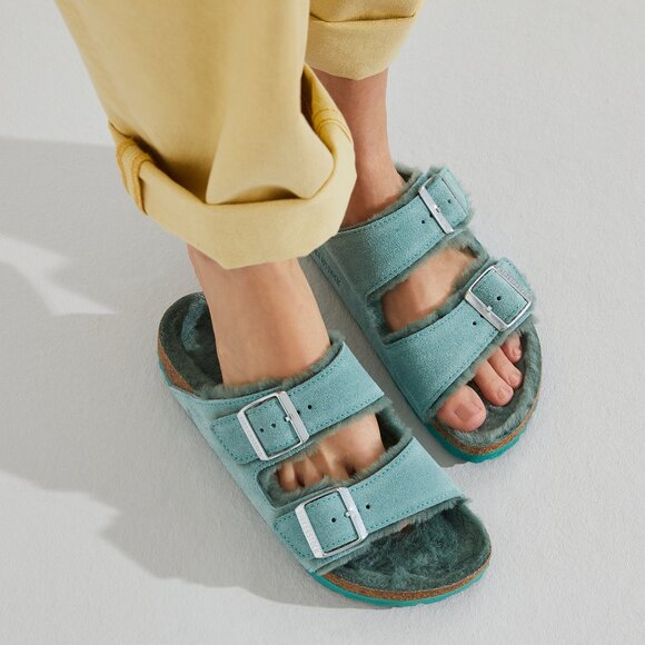 Birkenstock Shoes - Birkenstock Women's Arizona Shearling Sandal Beryl (GREEN) 40/9 Narrow